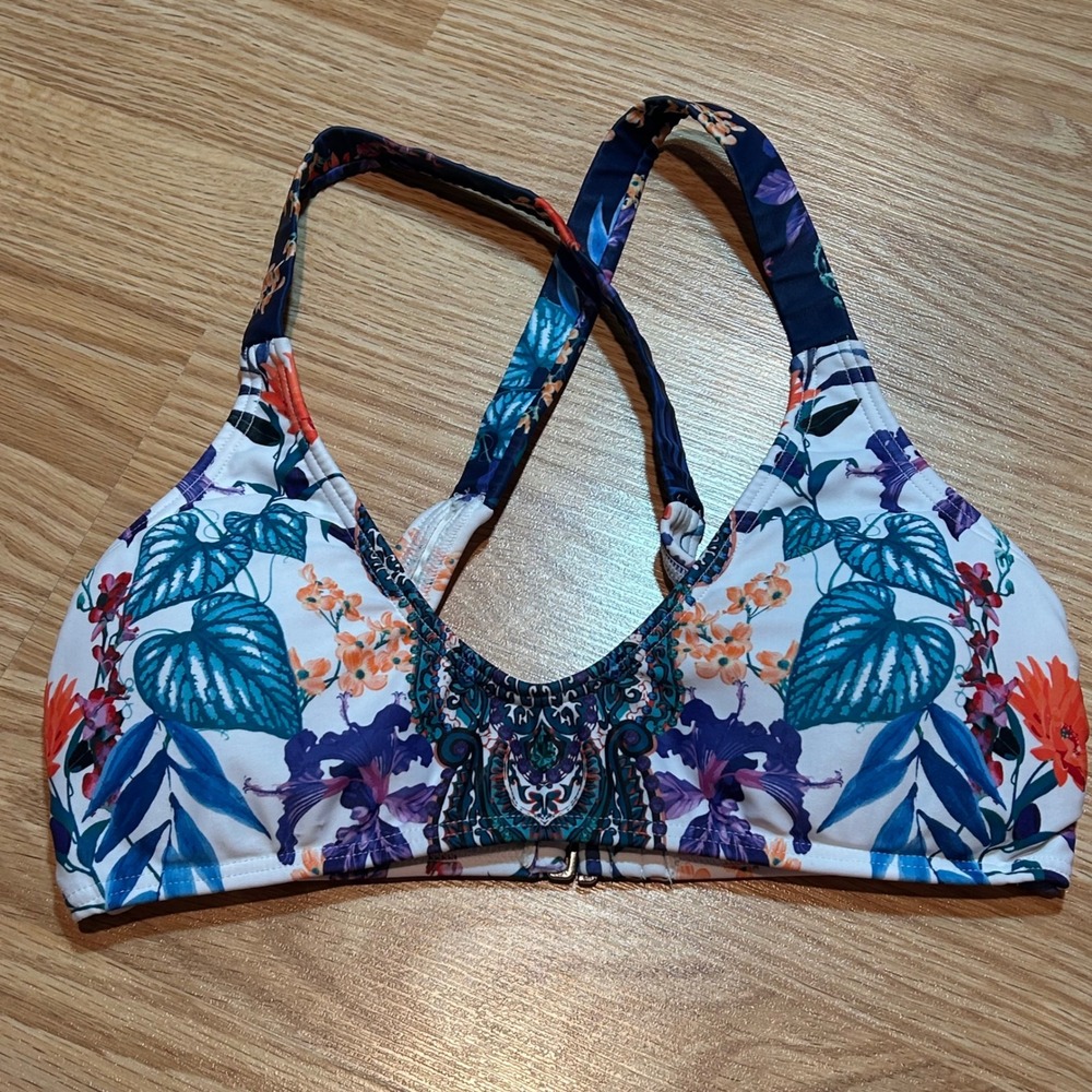 Venus Floral Paisley Tropical Bikini Top Blue Orange White Size 6‎ Cross Back